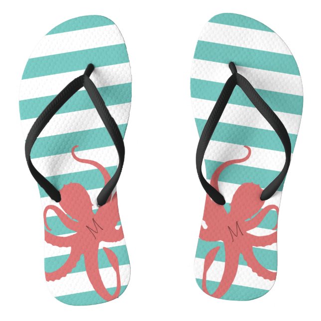 Red octopus modern beach white teal striped thongs (Footbed)