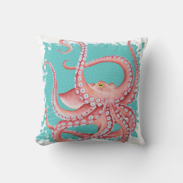 Red Octopus Teal stained glass Cushion (Front)