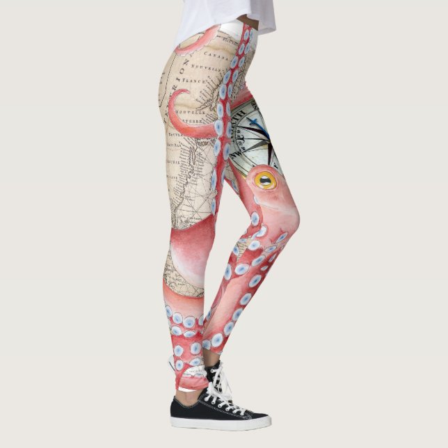 Red Octopus Vintage Map Compass Leggings (Right)