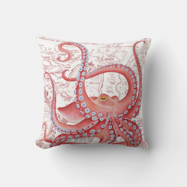 Red Octopus Vintage Map White Cushion (Front)