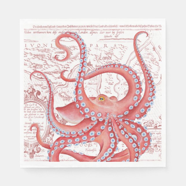 Red Octopus Vintage Map White Napkin (Front)