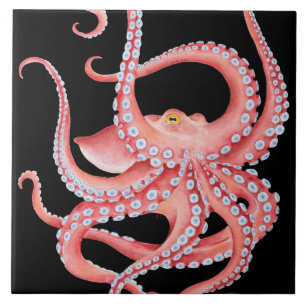 Red Octopus Watercolor On Black Ceramic Tile