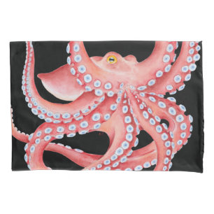 Red Octopus Watercolor On Black Pillowcase