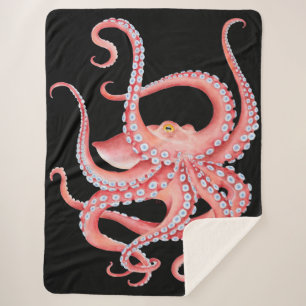Red Octopus Watercolor On Black Sherpa Blanket