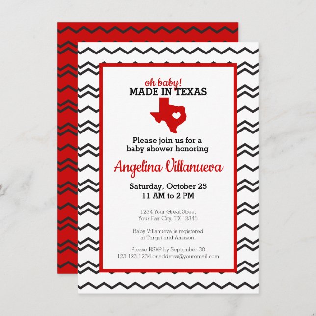 Red Oh Baby! Chevron Made in Texas Shower Invitation (Front/Back)
