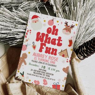 Red Oh What Fun Christmas 1st Birthday Invitation