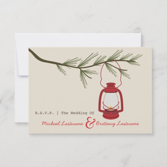 Red Oil Lantern Evergreen Camping Wedding R.S.V.P. RSVP Card (Front)