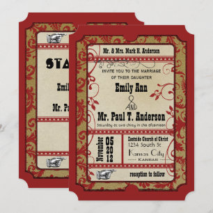 Red Old Hollywood Ticket for Two Wedding Invitation