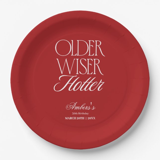 Red Older Wiser Hotter Birthday Paper Plate (Front)