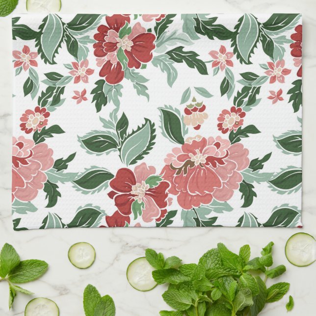 Red/Olive Floral Kitchen Towel (Folded)