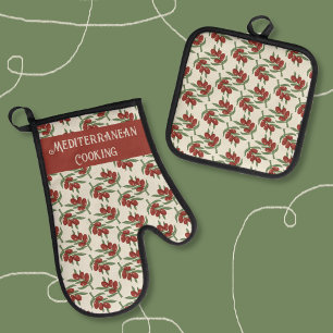 Red Olive Pattern Oven Mitt and Pot Holders Set