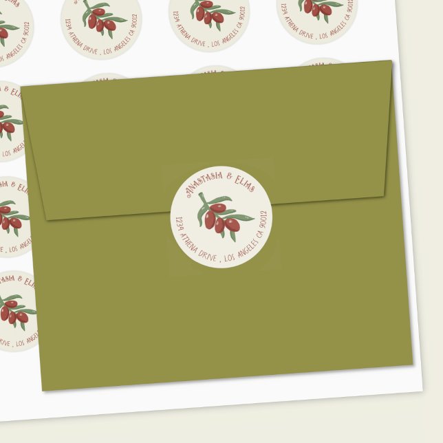 Red Olives on a Branch Elegant Envelope Seal (Elegant couple envelope seal with red olives on a branch .)