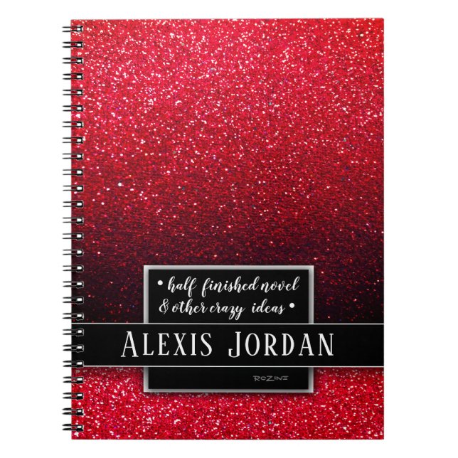 Red Ombre Glitter Sparkles Black White Monogram Notebook (Front)