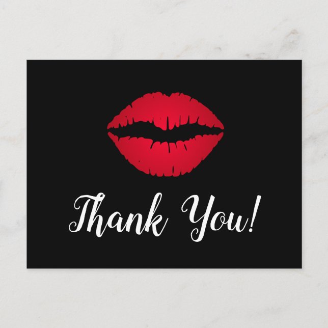Red Ombre Lipstick Kiss Thank You Black Postcard (Front)