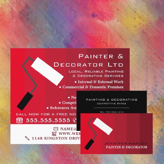 Red Ombre & Paint Roller, Painter & Decorator Business Card (Creator Uploaded)