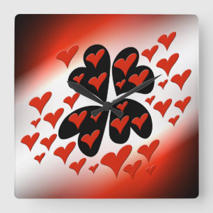 Red on Black Hearts Square Wall Clock