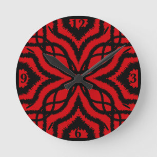 Red On Black Jagged Paint Splatter Mirrored Lines Round Clock