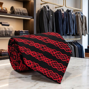 Red On Black Twisted Curvy Line Drawing Pattern Tie