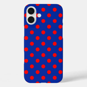 Red On Blue Polka Dots Pattern Design iPhone 16 Plus Case