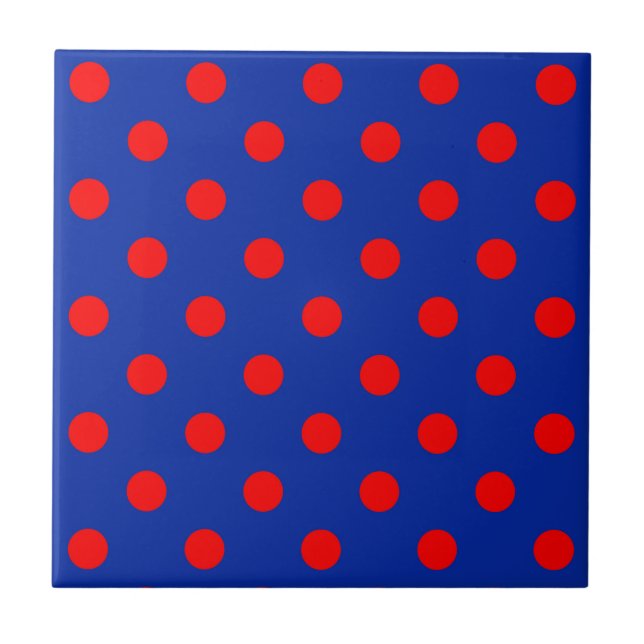 Red On Blue Polka Dots Pattern Design  Ceramic Tile (Front)
