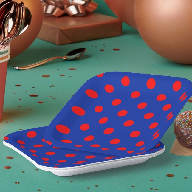 Red On Blue Polka Dots Pattern Design  Paper Plate (Creator Uploaded)
