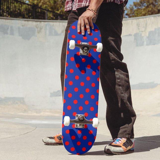Red On Blue Polka Dots Pattern Design  Skateboard (Creator Uploaded)