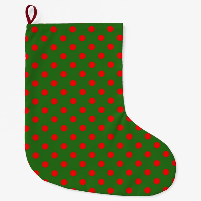 Red On Green Polka Dots Pattern Design  Large Christmas Stocking (Front)