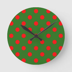 Red On Green Polka Dots Pattern Design  Round Clock