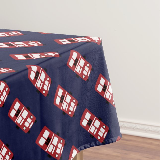 Red on navy blue double decker bus tablecloth (In Situ)
