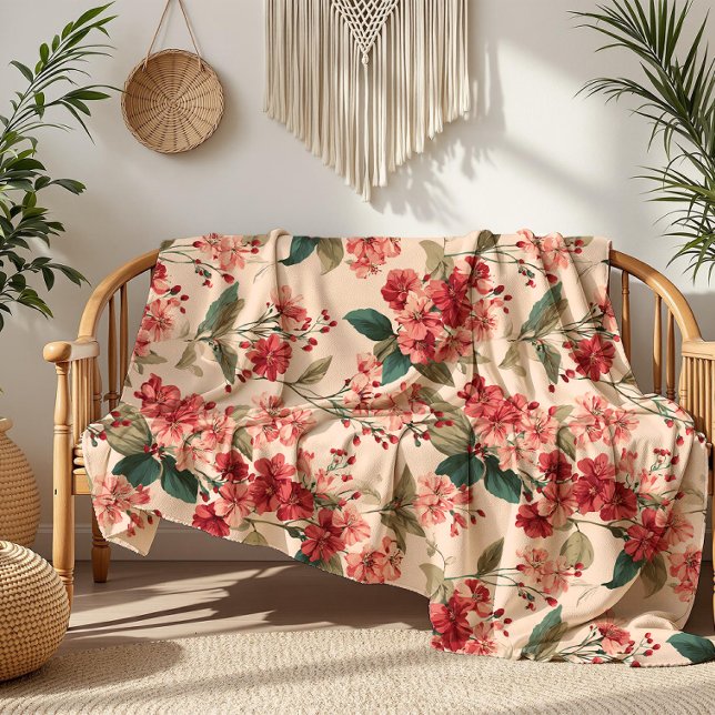 Red on Pink Hibiscus Floral  Fleece Blanket (Creator Uploaded)