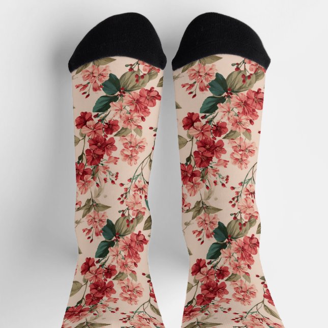 Red on Pink Hibiscus Floral  Socks (Top)