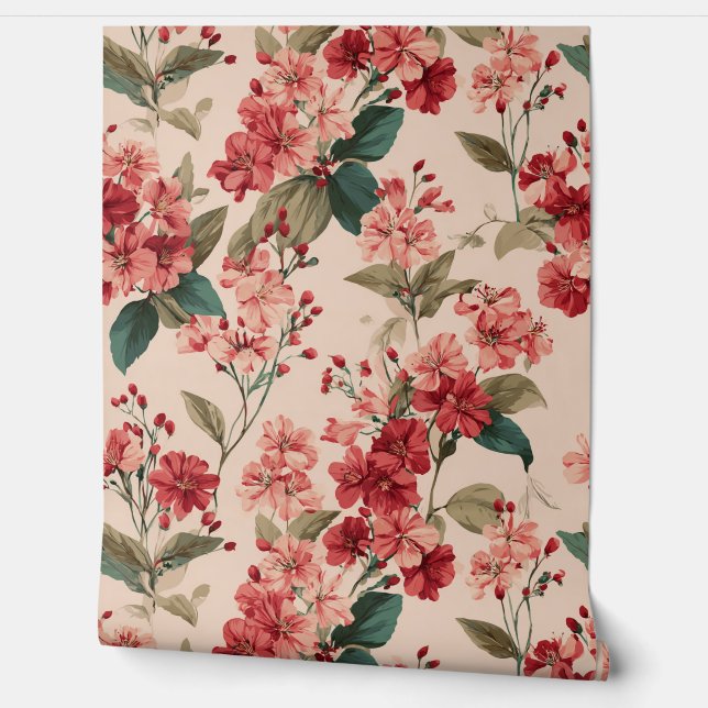 Red on Pink Hibiscus Floral  Wallpaper (Unrolling)