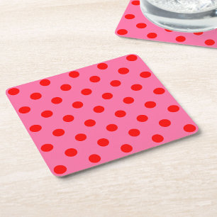 Red On Pink Polka Dots Pattern Design Square Paper Coaster