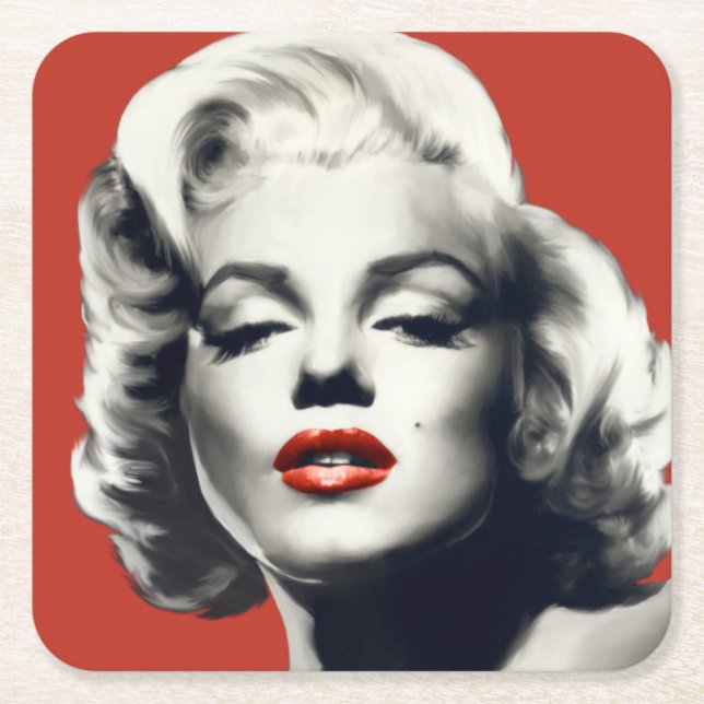 Red on Red Lips Marilyn Square Paper Coaster (Front)