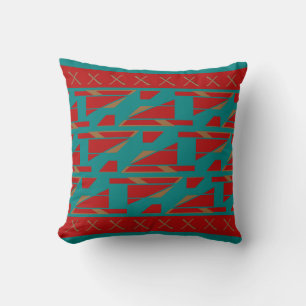 Red on Turquoise Bordered Mediterranean Panels Cushion