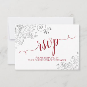 Red on White Elegant Calligraphy Frilly Wedding RSVP Card