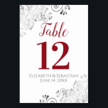 Red on White Elegant Frilly Wedding Table Number<br><div class="desc">These beautiful wedding table number cards feature a simple yet elegant design with red script calligraphy on a white background with a frilly silver faux foil floral filigree in the corners. Perfect way to make your wedding reception beautiful and help your guests find the right table at the same time....</div>