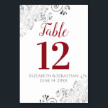 Red on White Elegant Frilly Wedding Table Number<br><div class="desc">These beautiful wedding table number cards feature a simple yet elegant design with red script calligraphy on a white background with a frilly silver faux foil floral filigree in the corners. Perfect way to make your wedding reception beautiful and help your guests find the right table at the same time....</div>