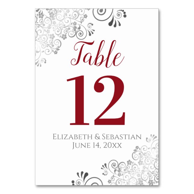 Red on White Elegant Frilly Wedding Table Number (Front)
