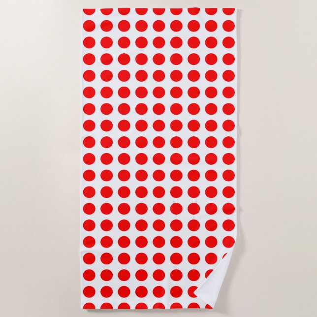 Red on White Large Size Horizontal Polka Dots Beach Towel (Front)