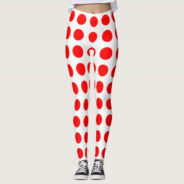 Red on White Large Size Horizontal Polka Dots Leggings (Front)