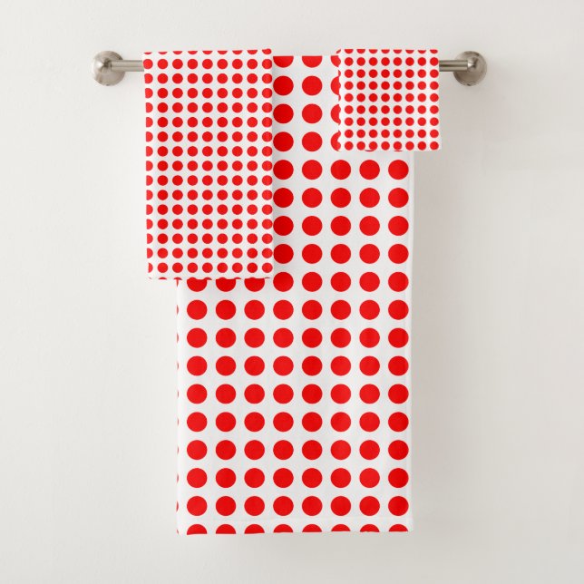 Red on White Medium Size Horizontal Polka Dots Bath Towel Set (Insitu)
