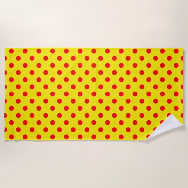 Red On Yellow Polka Dots Pattern Design  Beach Towel (Front)