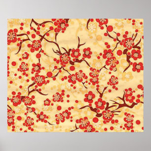 Red On Yellow Sakura Fine Vintage Japanese Floral Poster