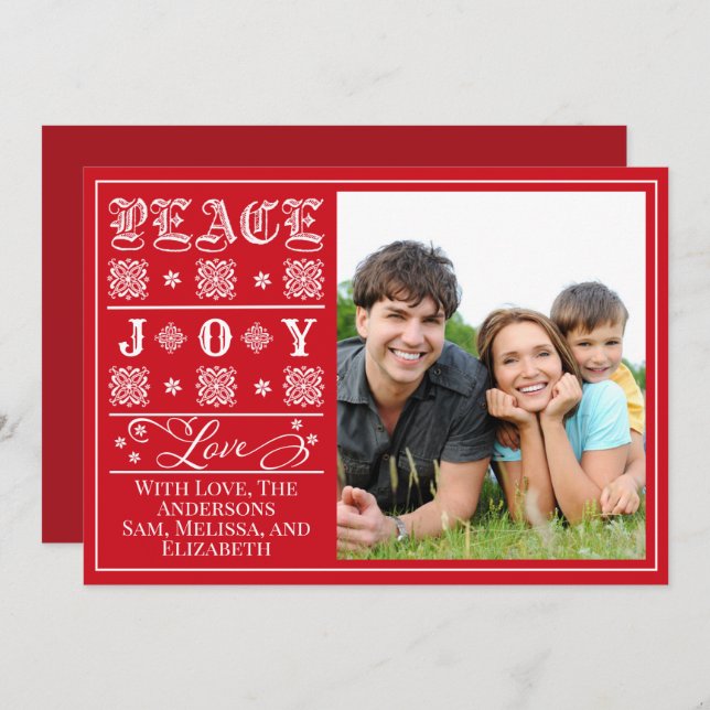 Red One Photo Peace, Joy, and Love Christmas Holiday Card (Front/Back)