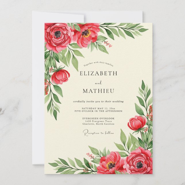 Red Opulent Floral Wedding Invitation (Front)