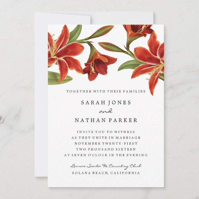 Red & Orange Amaryllis Flower Wedding Invitation (Front)