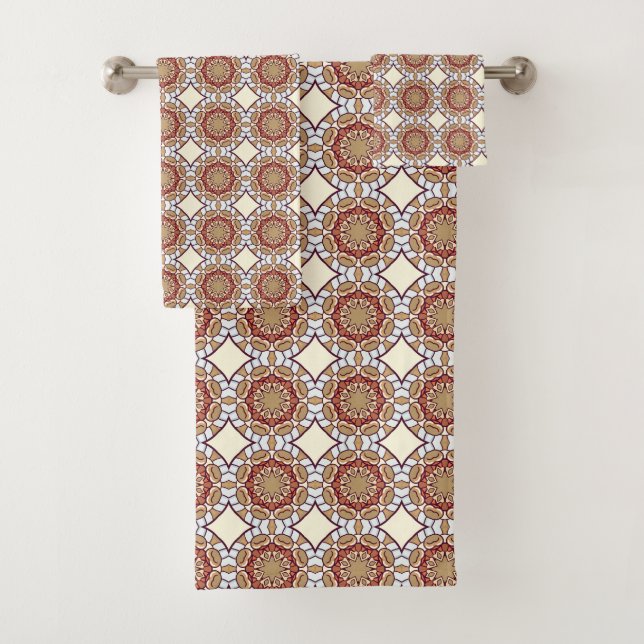 Red orange and gold circle geometric pattern  bath towel set (Insitu)