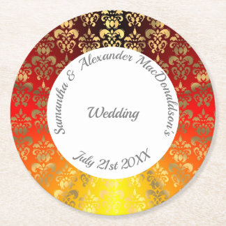 Red orange and gold damask wedding round paper coaster