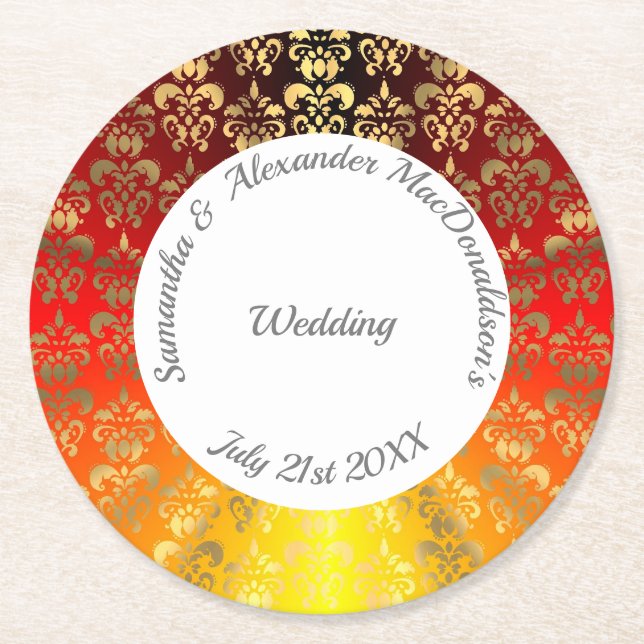 Red orange and gold damask wedding round paper coaster (Front)